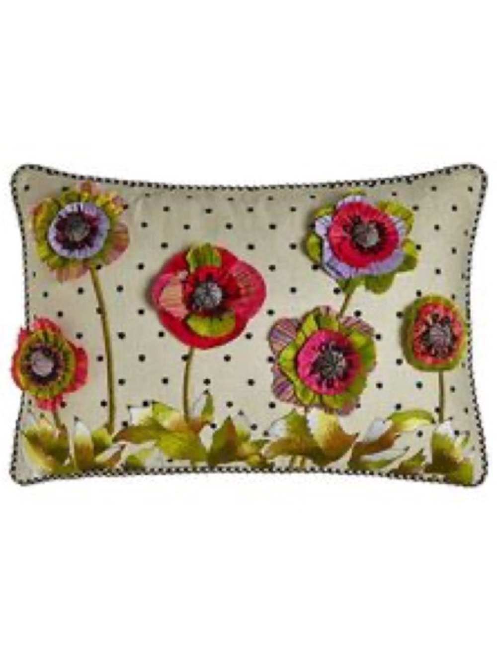 MacKenzie-Childs Cream Pillow with Pink, Green & Red Floral Embroidery